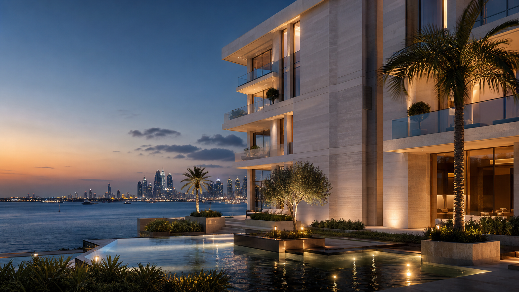 Illustrative luxury waterfront residence at dusk